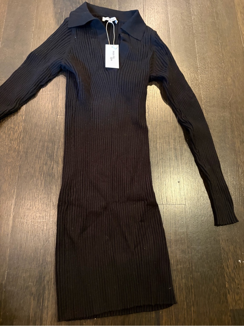 Slim Ribbed Long-Sleeve Polo Dress in Black